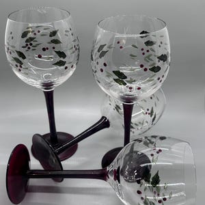 Vintage Pfaltzgraff Wine Glass Hand Painted Holly Berry Ruby Red Stem Christmas Goblet