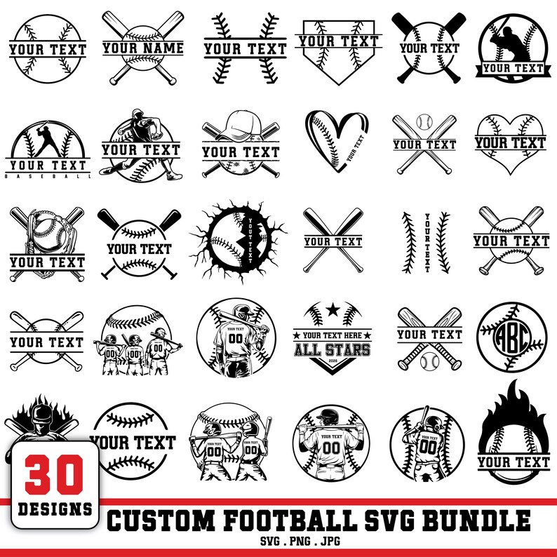 May include: A collection of 30 black and white baseball-themed designs. Each design features baseballs, bats, and text areas for customisation. The designs include baseball players, hearts, and stars. The text "CUSTOM FOOTBALL SVG BUNDLE" is at the bottom.