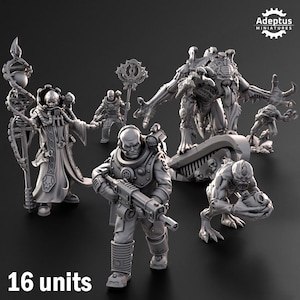 Puede incluir: Una colección de 16 figuras en miniatura de color gris que incluye un personaje con túnica y bastón, un soldado con rifle y varias criaturas alienígenas con garras y piel texturizada. El logotipo de Adeptus Miniatures aparece arriba.