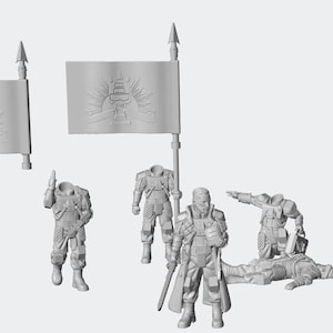 Może przedstawiać: Zestaw szarych figurek miniaturowych przedstawiających futurystyczny motyw militarny. Zestaw zawiera żołnierzy w szczegółowych zbrojach, flagę z herbem i upadłą postać. Figurki są ustawione w różnych pozach akcji.