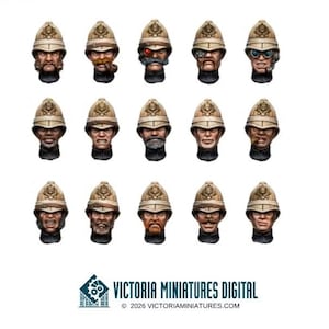 May include: A set of fifteen miniature heads featuring tan pith helmets with gold emblems. Each head displays unique facial expressions, facial hair, or accessories like goggles and monocles. The text Victoria Miniatures Digital 2026 appears below.