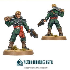 May include: A miniature figurine of a soldier in a green uniform with a red sash, brown boots, and epaulets. The figure holds a curved sword over the shoulder and a pistol in the other hand. The text Victoria Miniatures Digital is at the bottom.