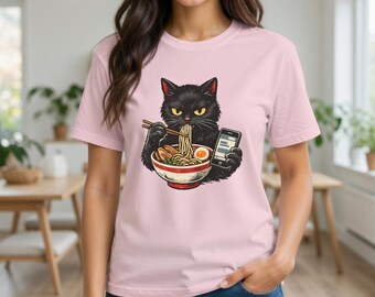 Funny Ramen Cat T-Shirt | Grumpy Black Cat Eating Noodles with Phone | Cat Lover Graphic Tee | Japanese Noodle Shirt Gift
