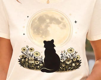 Black Cat Moon T-Shirt, Minimalist Cat Lover T-Shirt, Night Sky Aesthetic Tee, Cottagecore Cat T-Shirt, Witchy Moon Cat Graphic T-Shirt