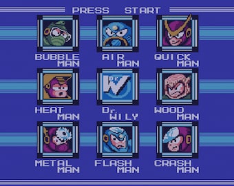 Mega Man II stage select cross stitch pattern