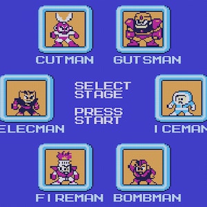 以下が含まれることがあります： 青い背景に6人の異なるキャラクターが描かれた、ピクセル化されたビデオゲーム画面。キャラクターの名前は、カットマン、ガッツマン、エレキマン、アイスマン、ファイアマン、ボムマン。画面の中央に「Select Stage」と「Press Start」の文字が表示されている。