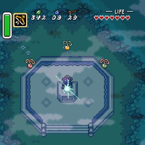 May include: A video game screen showing a character standing on a platform with a blue and white design. The character is surrounded by a blue light. The character has a sword and shield. The screen also shows the character's health, rupees, and other game information.