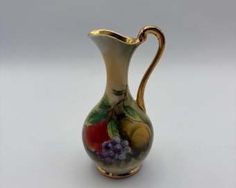 Vintage Hand-Painted Fruit Ceramic Mini Pitcher – 3” Tall Farmhouse Decor