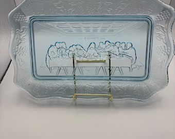 Vintage Indiana Glass Blue Last Supper Plate – Pressed Glass Religious Decor