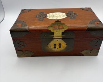 Vintage Chinese Wooden Jewelry Box – Gold Silk Lining, Handcrafted Trinket Storage
