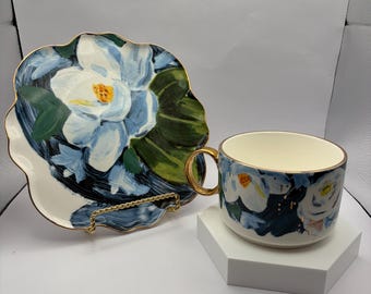 Vintage Anthropologie Anaïs Teacup and Saucer • Floral Porcelain Tea Cup • Romantic Cottagecore Tableware