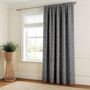 Blue Leaf Linen Viscose Curtains, Botanical Pattern Drapes (Custom Size)