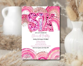 Invitación de cumpleaños número 6 para niña (editable) / Invitación de fiesta rosa con lentejuelas arcoíris y purpurina / Plantilla imprimible de Canva para cumpleaños de niña de 6 años (descargable)