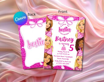 Invitación de cumpleaños de muñeca de moda rosa / Fiesta de chicas glamurosas (Descarga digital, plantilla Canva de 5x7)