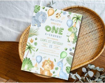 Dinosaur 1st Birthday Invitation | Editable Canva Template (Digital Download)