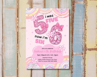 Invitación de sexto cumpleaños / Fiesta con purpurina rosa, plantilla de Canva (descarga digital)