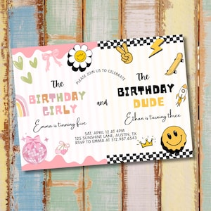 May include: A vibrant birthday invitation featuring the phrases "The Birthday Girly" and "The Birthday Dude". The design includes a rainbow, a disco ball, and a smiley face. The invitation is for Emma and Ethan's birthday celebrations.