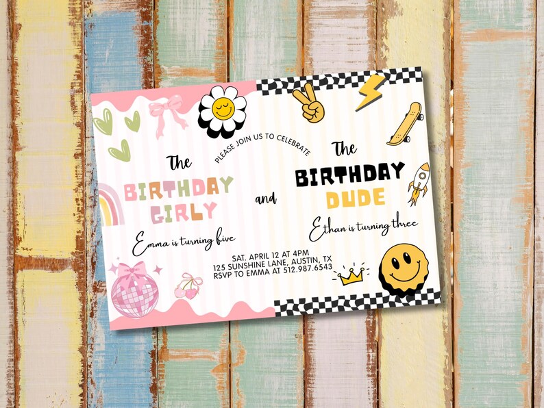 May include: A vibrant birthday invitation featuring the phrases "The Birthday Girly" and "The Birthday Dude". The design includes a rainbow, a disco ball, and a smiley face. The invitation is for Emma and Ethan's birthday celebrations.