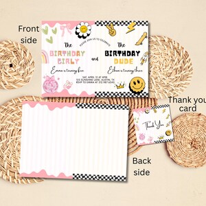 May include: A birthday party invitation set with a front and back design. The front features text "The Birthday Girly and The Birthday Dude" with illustrations. The back is a pink and white striped design. A thank you card is also included.