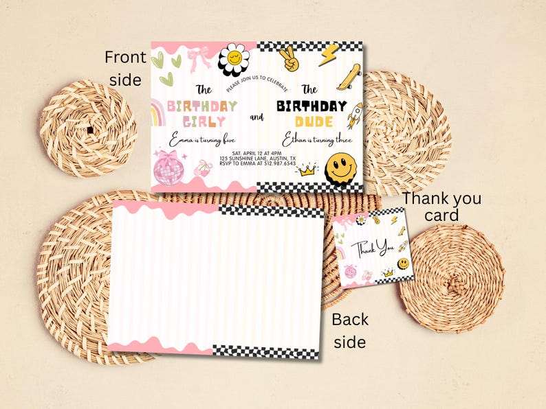 May include: A birthday party invitation set with a front and back design. The front features text "The Birthday Girly and The Birthday Dude" with illustrations. The back is a pink and white striped design. A thank you card is also included.