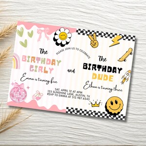 May include: A birthday party invitation with a pink and white design. The text reads "The Birthday Girly" and "The Birthday Dude". The invitation includes illustrations of a daisy, a rainbow, a skateboard, and a rocket.