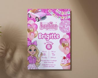 Invitación de cumpleaños de muñeca con purpurina rosa / Fiesta de chicas glamurosas, plantilla editable de Canva (descarga digital)