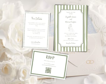Invitación de boda de rayas verdes editable / Conjunto de invitación de boda en acuarela con tarjeta de confirmación de asistencia y detalles / Elegante plantilla imprimible de Canva