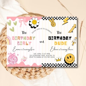 May include: A birthday invitation with a pink and white design. The text reads "The Birthday Girly" and "The Birthday Dude". The invitation includes illustrations of a rainbow, a disco ball, a skateboard, and a smiley face.