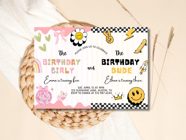 May include: A birthday invitation with a pink and white design. The text reads "The Birthday Girly" and "The Birthday Dude". The invitation includes illustrations of a rainbow, a disco ball, a skateboard, and a smiley face.