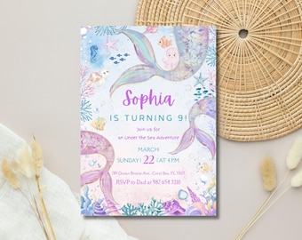 Invitación de cumpleaños de sirena editable / Invitación a fiesta submarina (5x7) Plantilla imprimible de Canva / Descarga digital