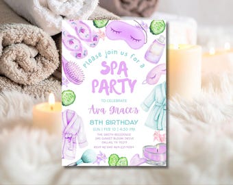 Invitación de cumpleaños de spa para chicas / Fiesta de mimos glamurosos, plantilla editable de Canva (descarga digital)