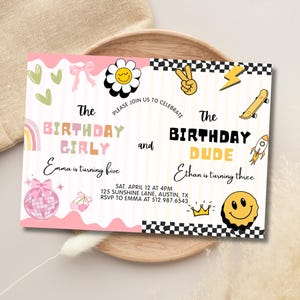 May include: A birthday invitation with a pink and white design. The text reads "The Birthday Girly" and "The Birthday Dude" with the names Emma and Ethan. The invitation includes a disco ball, skateboard, and rocket ship.