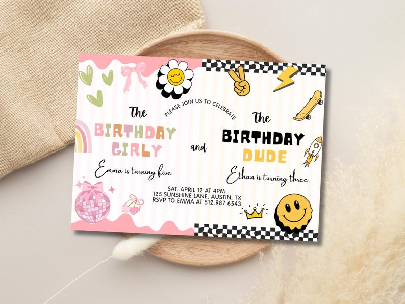 May include: A birthday invitation with a pink and white design. The text reads "The Birthday Girly" and "The Birthday Dude" with the names Emma and Ethan. The invitation includes a disco ball, skateboard, and rocket ship.