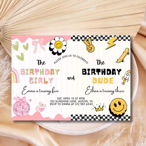 May include: A vibrant birthday invitation featuring the phrases "The Birthday Girly" and "The Birthday Dude". The design includes playful illustrations of a rainbow, a disco ball, a skateboard, and a rocket. The invitation is for Emma and Ethan's birthday.