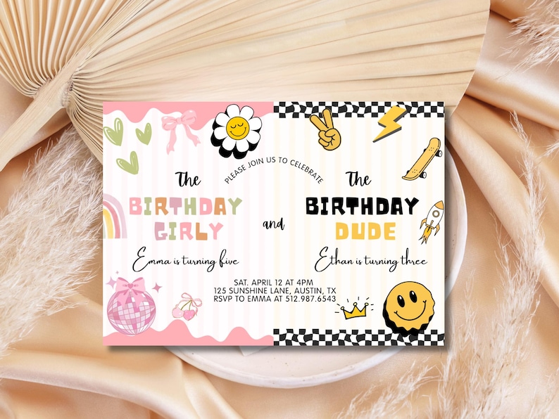 May include: A vibrant birthday invitation featuring the phrases "The Birthday Girly" and "The Birthday Dude". The design includes playful illustrations of a rainbow, a disco ball, a skateboard, and a rocket. The invitation is for Emma and Ethan's birthday.