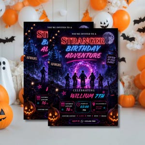 May include: A rectangular birthday invitation card featuring a dark, neon-lit forest scene with five figures on bicycles riding toward a glowing purple portal. The text reads: YOU'RE INVITED TO A STRANGER BIRTHDAY ADVENTURE CELEBRATING WILLIUM 7TH.