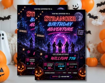 May include: A rectangular birthday invitation card featuring a dark, neon-lit forest scene with five figures on bicycles riding toward a glowing purple portal. The text reads: YOU'RE INVITED TO A STRANGER BIRTHDAY ADVENTURE CELEBRATING WILLIUM 7TH.