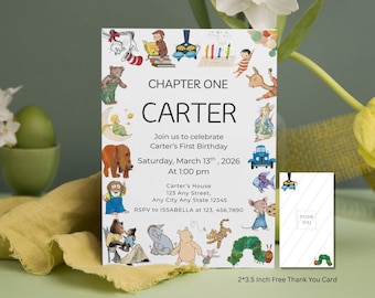 Invitación de cumpleaños editable con temática de biblioteca (descarga digital)