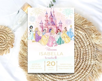 Invitación de cumpleaños de princesa de acuarela editable / Invitación de fiesta de niña dorada (5x7) Plantilla Canva / Descarga digital imprimible para fiesta de princesa