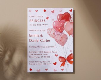 Invitación de baby shower de princesa con globos rosas, plantilla editable de Canva (descarga digital)