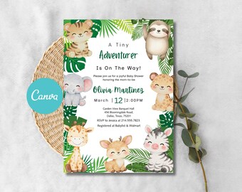 Invitación de baby shower de safari / Plantilla de Canva con animales de la selva (descarga digital)