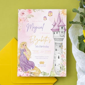 May include: A princess-themed birthday invitation. The design includes a castle tower illustration, a princess, and floral decorations. The text on the invitation reads "Magical Celebration Elizabeth's 5th Birthday".
