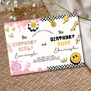 May include: A vibrant birthday invitation featuring the phrases "The Birthday Girly" and "The Birthday Dude". The design includes a daisy, peace sign, lightning bolt, skateboard, and rocket ship. The invitation is for a party on April 12th.