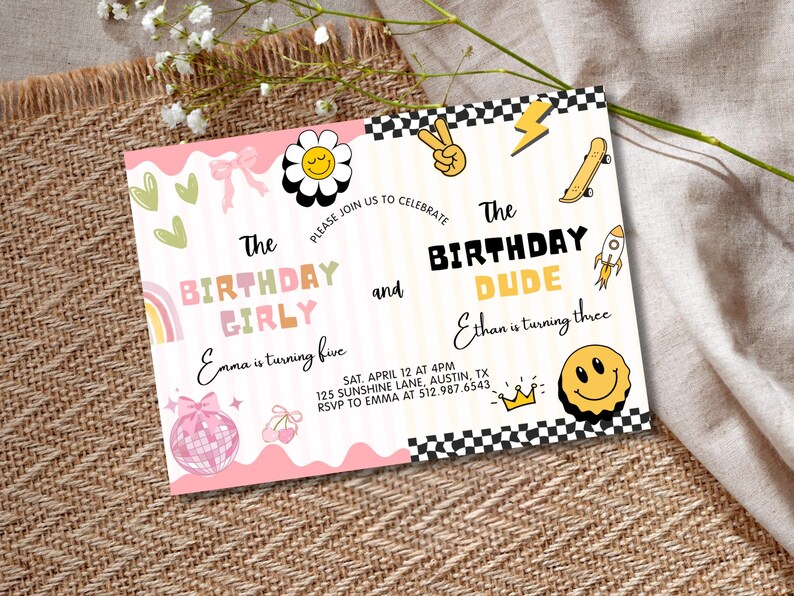 May include: A vibrant birthday invitation featuring the phrases "The Birthday Girly" and "The Birthday Dude". The design includes a daisy, peace sign, lightning bolt, skateboard, and rocket ship. The invitation is for a party on April 12th.