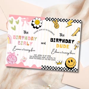 May include: A birthday invitation with a pink and white design. The text reads "The Birthday Girly" and "The Birthday Dude" with the names Emma and Ethan. Decorative elements include a rainbow, flowers, and a disco ball.