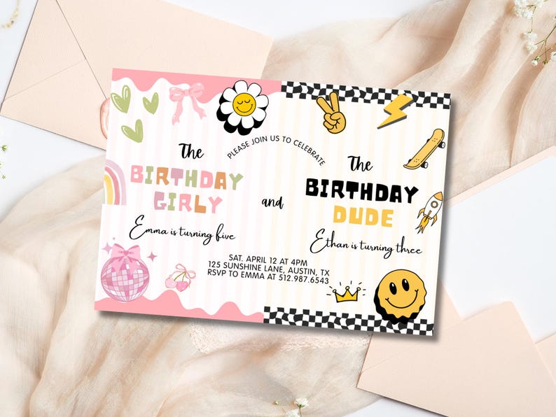 May include: A birthday invitation with a pink and white design. The text reads "The Birthday Girly" and "The Birthday Dude" with the names Emma and Ethan. Decorative elements include a rainbow, flowers, and a disco ball.