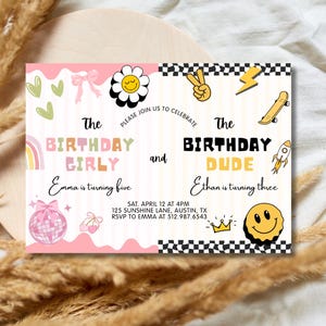 May include: A birthday party invitation with a pink and black design. The text reads "The Birthday Girly" and "The Birthday Dude". The invitation includes the names Emma and Ethan, and the party details.