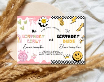 Invitación de cumpleaños retro con temática de hermanos, con diseño de sonrisas (descarga digital)