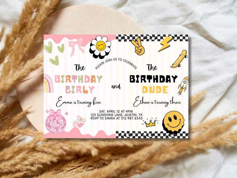 May include: A birthday party invitation with a pink and black design. The text reads "The Birthday Girly" and "The Birthday Dude". The invitation includes the names Emma and Ethan, and the party details.