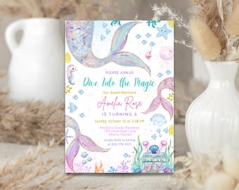 Invitación de cumpleaños de sirena editable / Invitación a fiesta submarina (plantilla Canva de 5 x 7 pulgadas) / Descarga digital imprimible